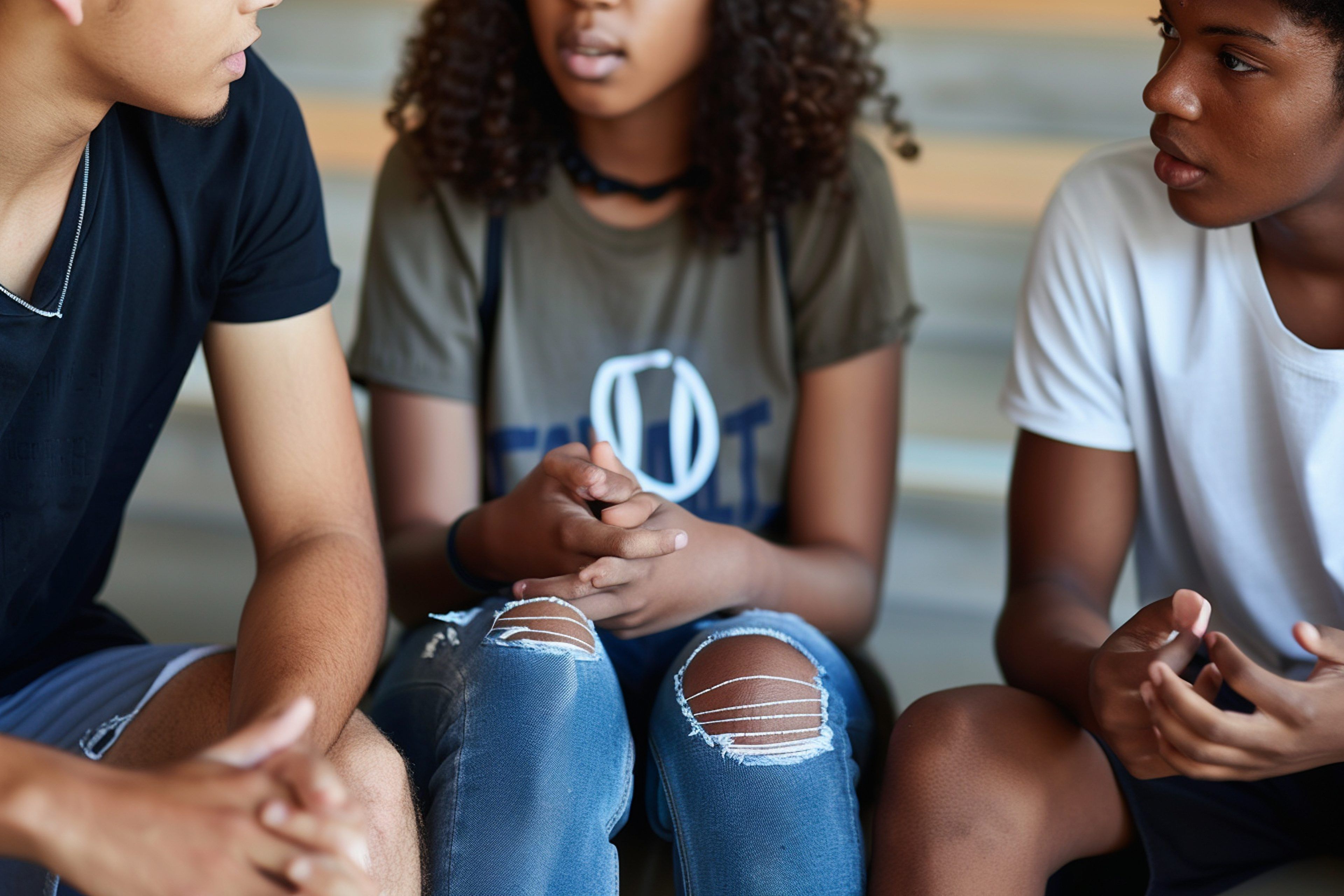 Three teenagers sit closely, deeply engaged in conversation. The girl in the middle wears ripped jeans and gestures intently. The mood is serious and focused.