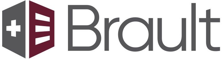 Logo with “Brault” in gray next to a hexagonal symbol. The symbol is divided into maroon and gray, featuring a white cross and three maroon lines.