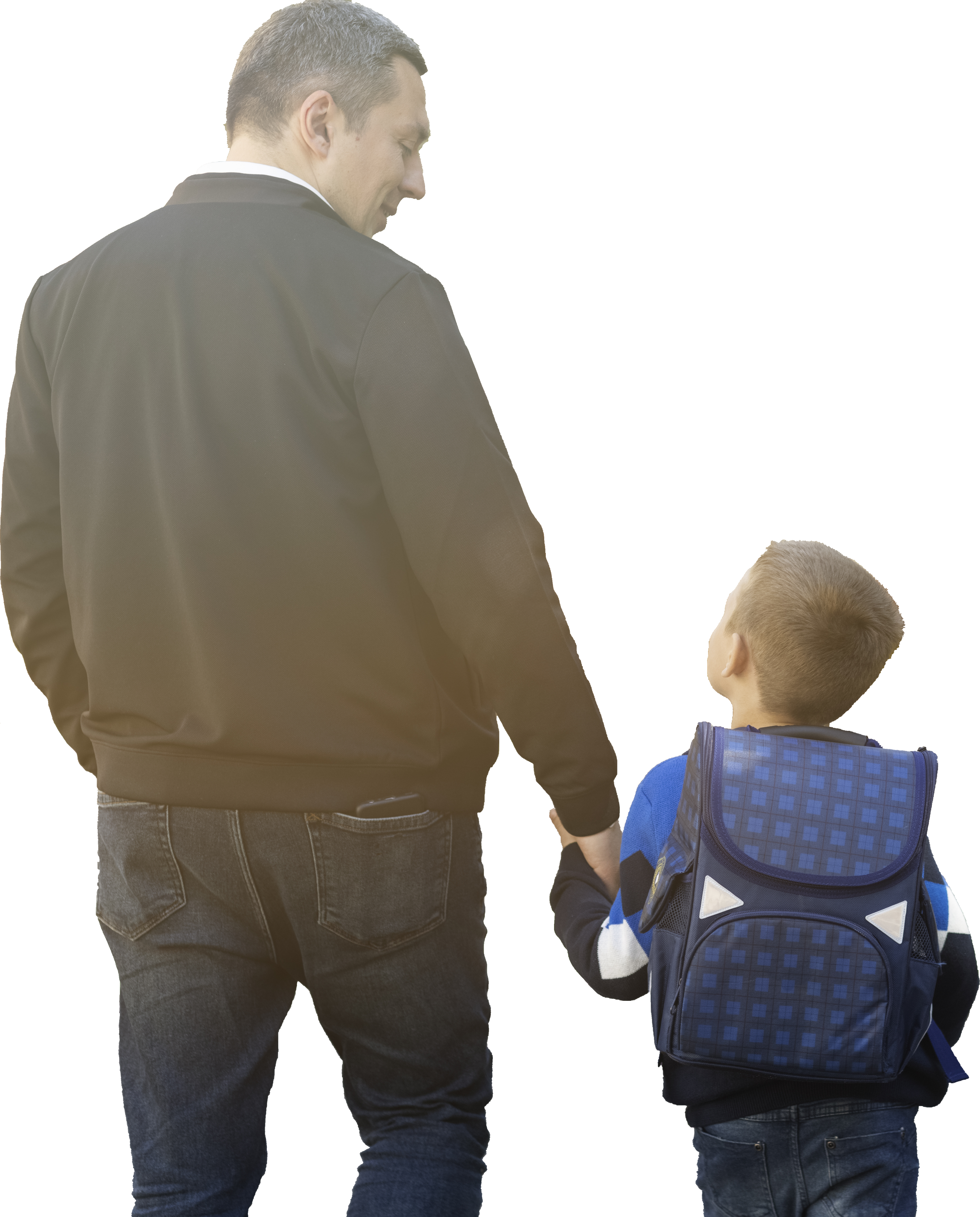 A man and child hold hands, walking away. The child, wearing a blue backpack, looks up at the man, conveying a sense of trust and affection against a dark background.