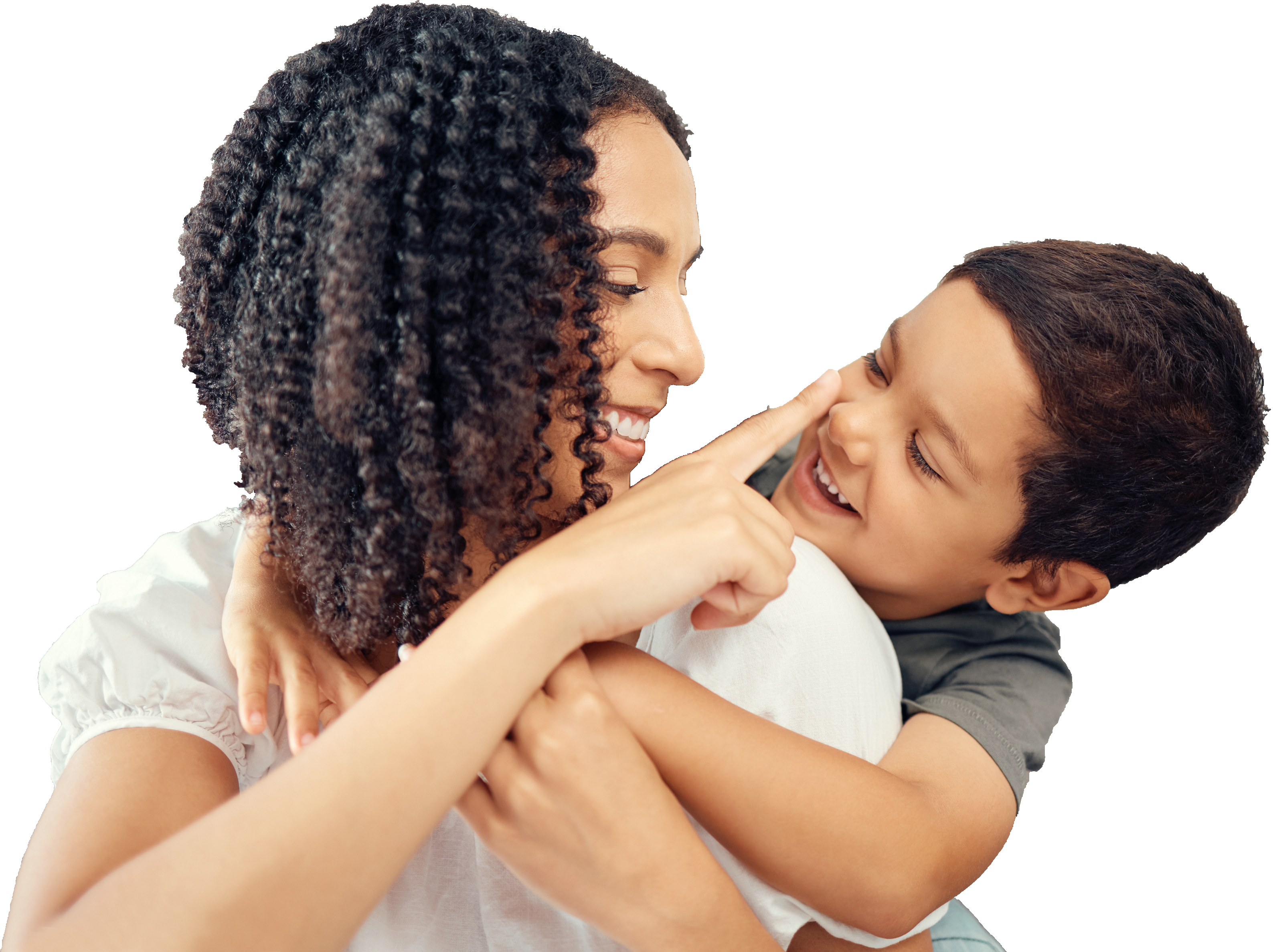A joyful mother and child share a tender moment. The child hugs the mother from behind, both smiling warmly against a solid black background.