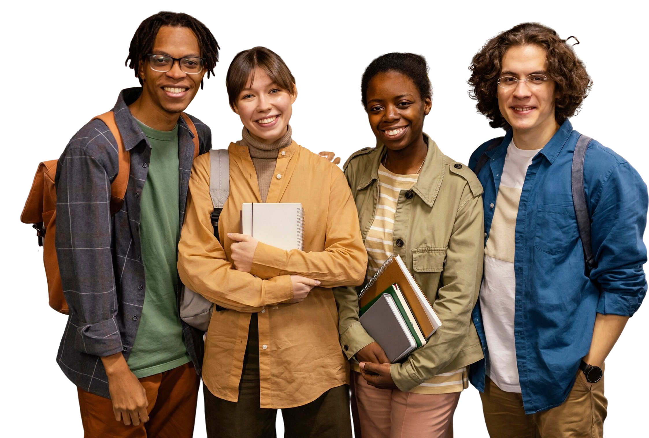 A diverse group of four smiling friends stand closely together, each holding books and backpacks. They convey a sense of camaraderie and optimism.