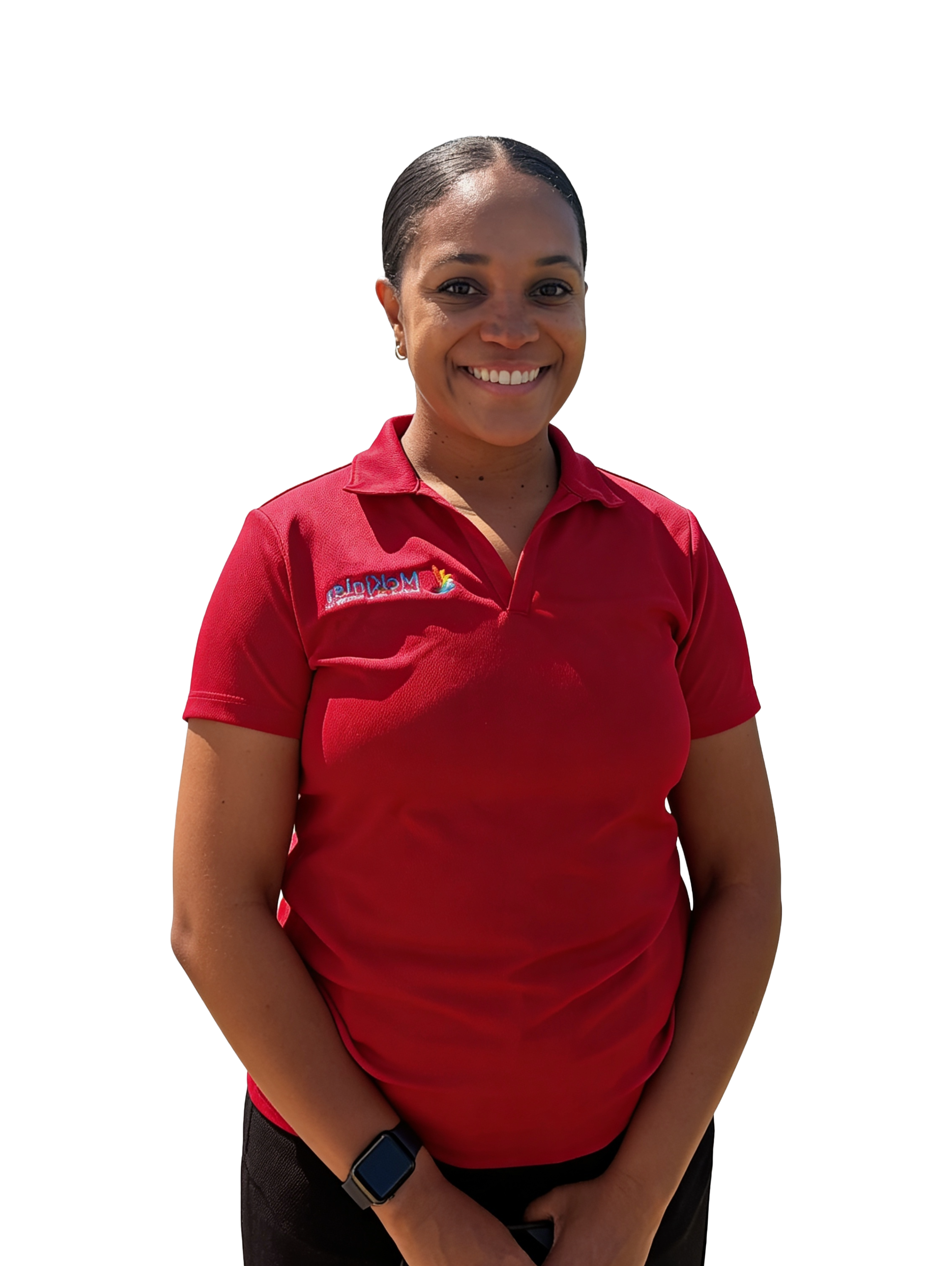 A person smiles warmly, standing against a plain white background. They wear a red polo shirt with an embroidered logo and a smartwatch on their left wrist.