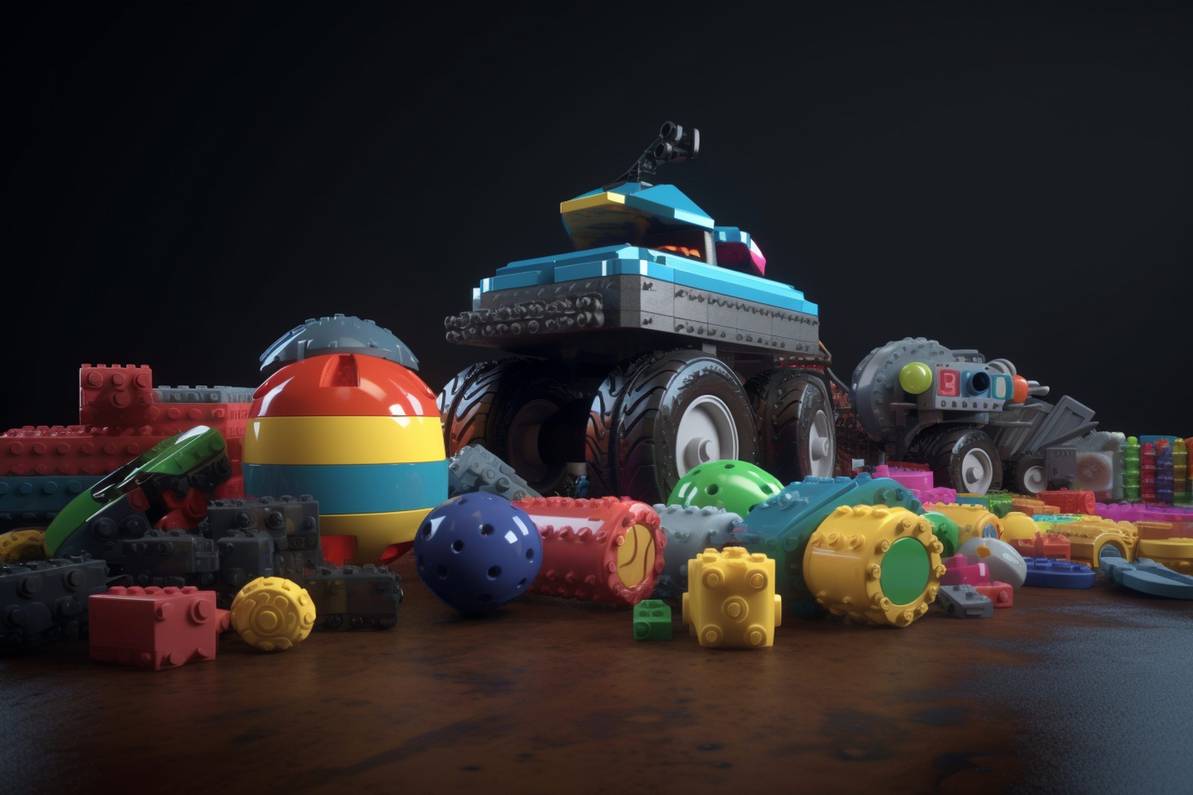 Colorful toy vehicles and shapes rest on a wooden surface against a dark background, evoking a playful and nostalgic atmosphere.