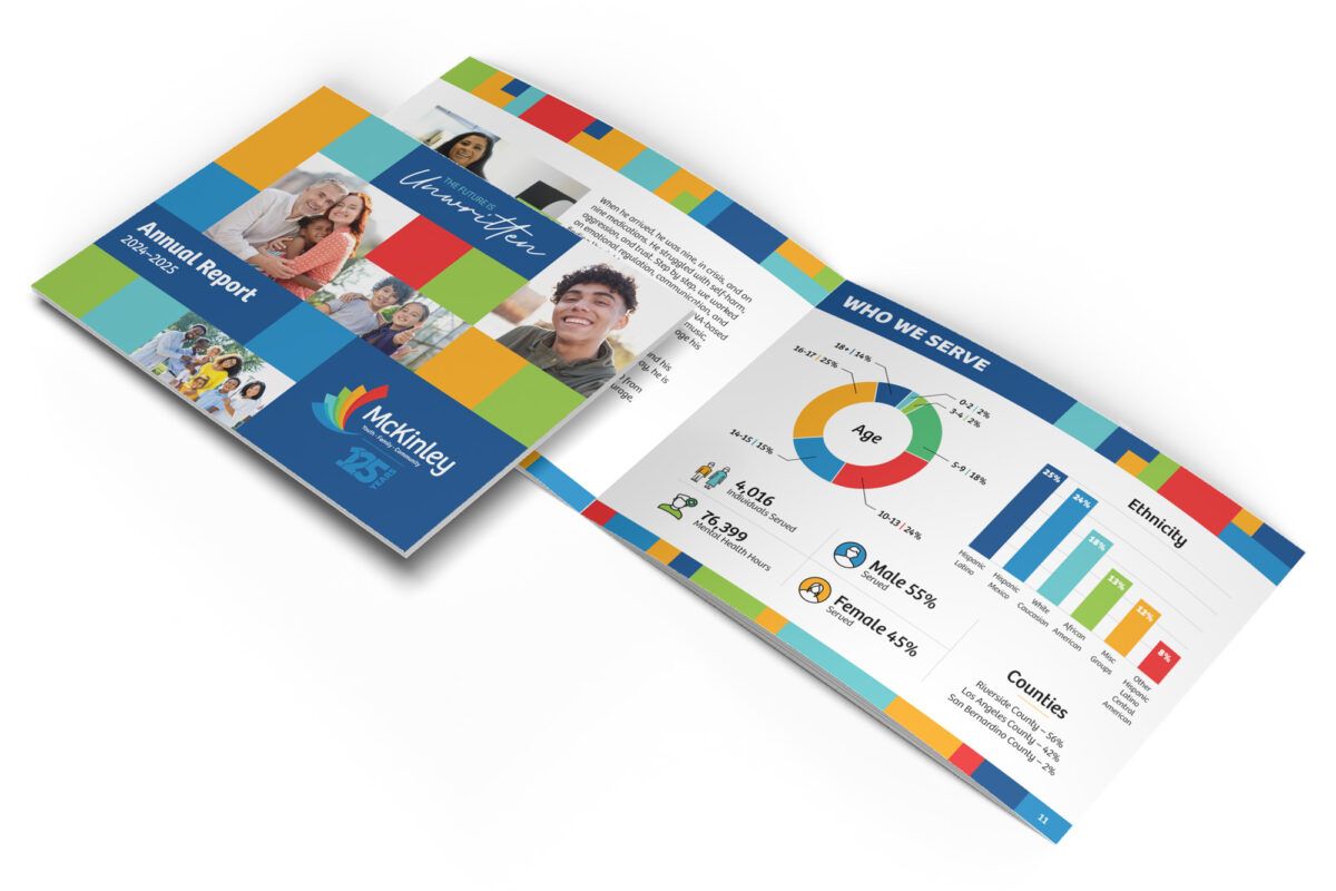 A colorful brochure featuring a diverse group of smiling people on the cover. Inside, graphs and charts display data and statistics. The tone is professional and engaging.