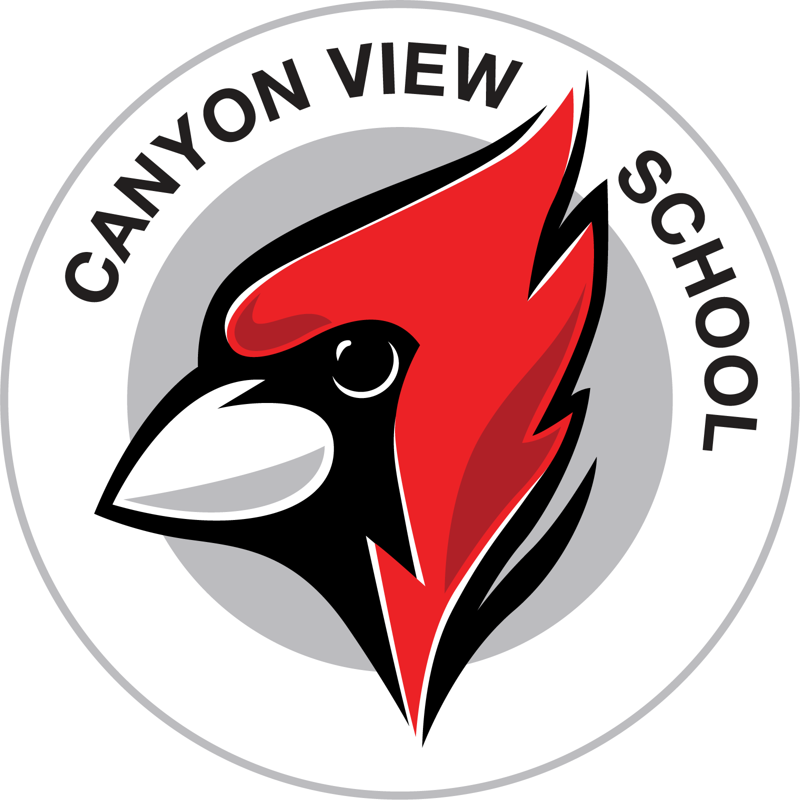 Logo of Canyon View School features a bold red cardinal head with a black beak, encircled by text. The design conveys school spirit and energy.